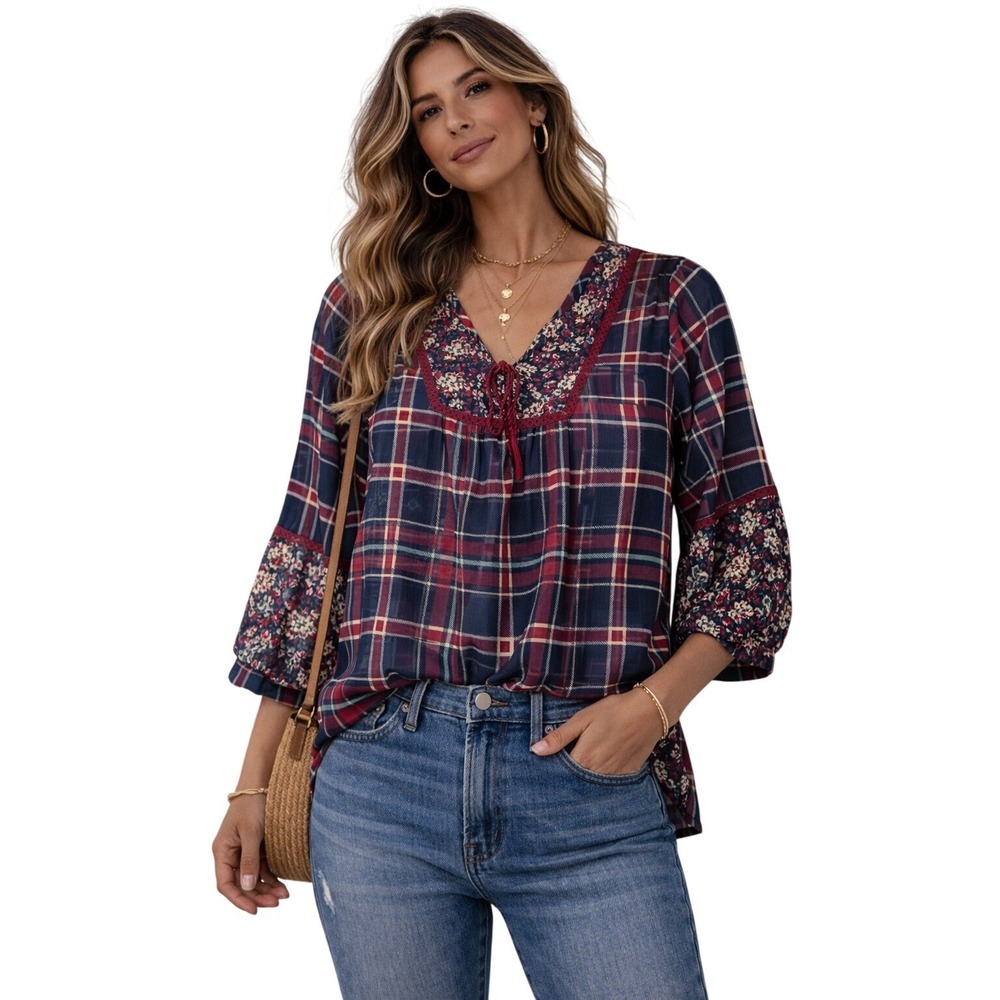 Plaid Floral Blouse Women Size Small Blue Red Boho Mixed Print Top
